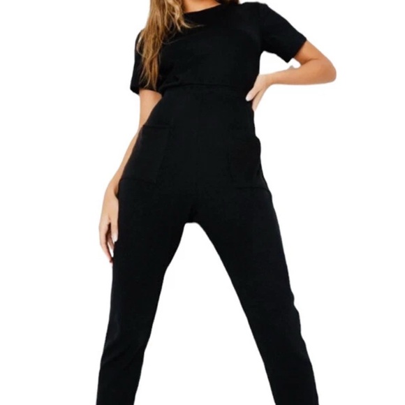 Missguided Tall Rib Black Jumpsuit - Picture 1 of 5